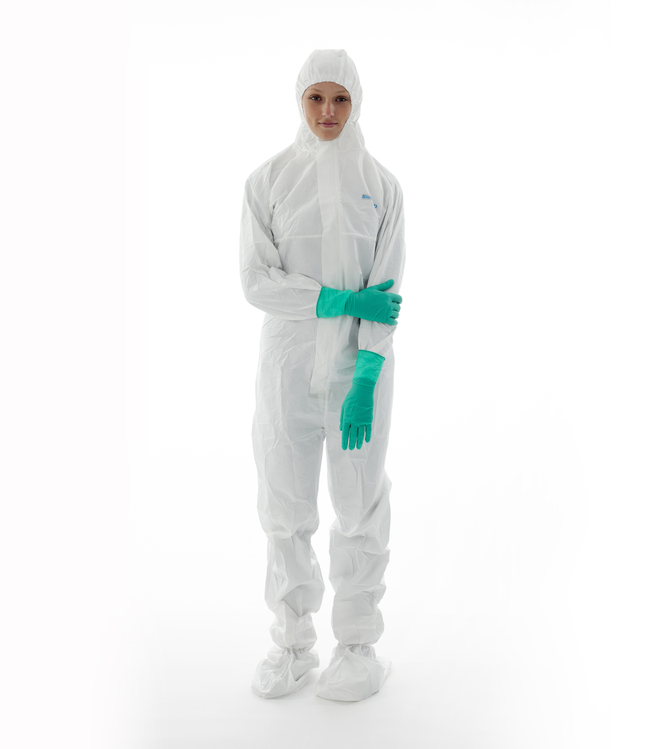 BioClean-D&trade; Coveralls with Hood and Integrated Boots