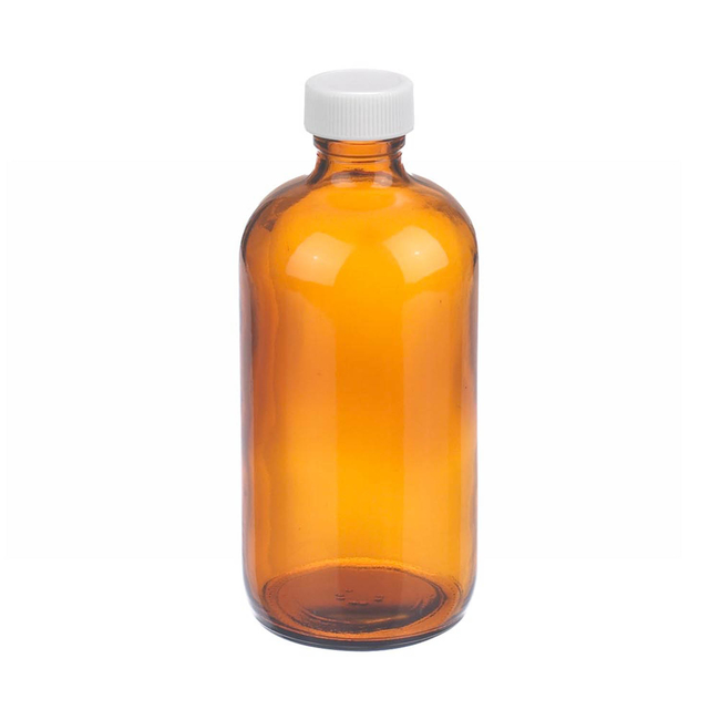 Amber Boston Round Glass Bottles with White Polypropylene Caps
