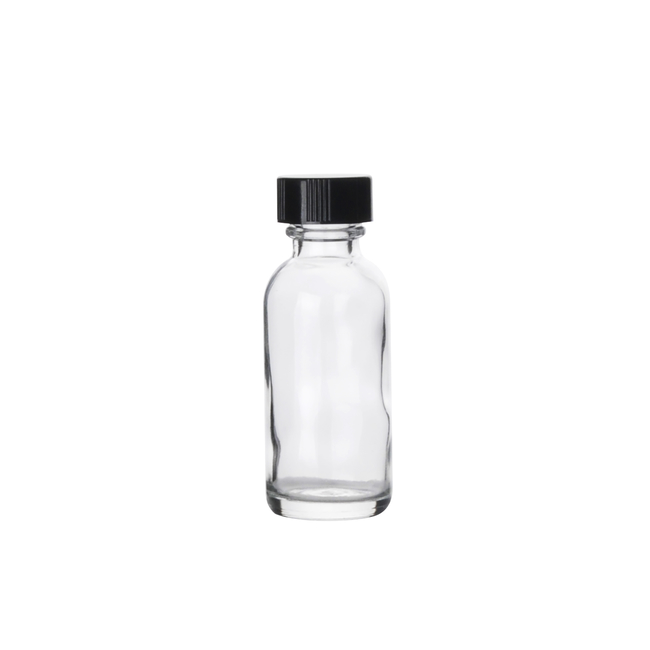 Clear Boston Round Glass Bottles with Black Phenolic Caps