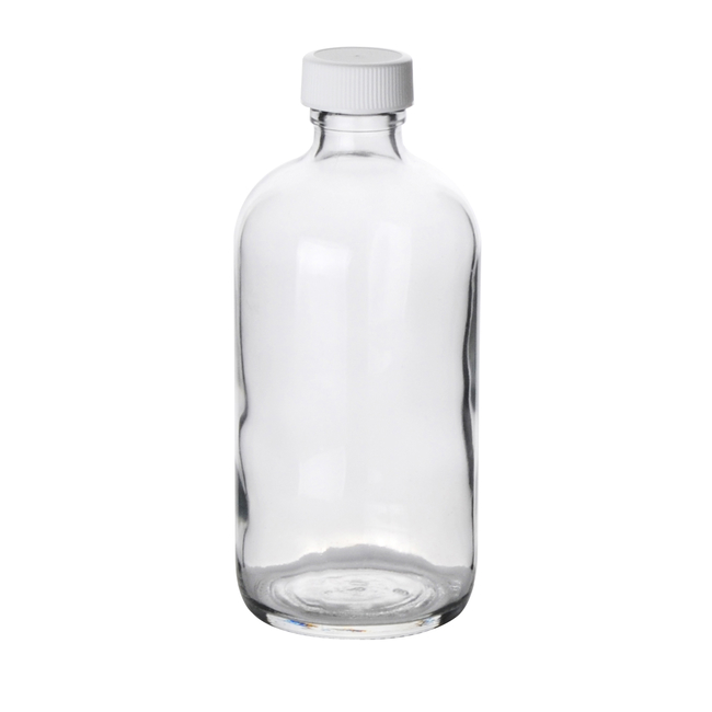 Clear Boston Round Glass Bottles with White Polypropylene Caps