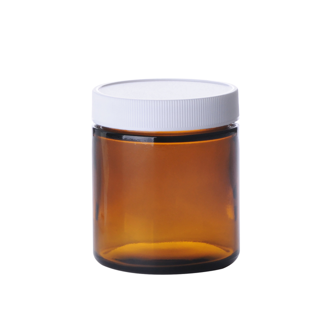 Amber Wide Mouth Straight Sided Glass Jars with White Polypropylene Caps