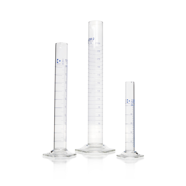 Measuring Cylinder, with Hexagonal Base, Class A, Blue Scale, Ring Graduations, with Batch Certificate and Certificate of Conformity