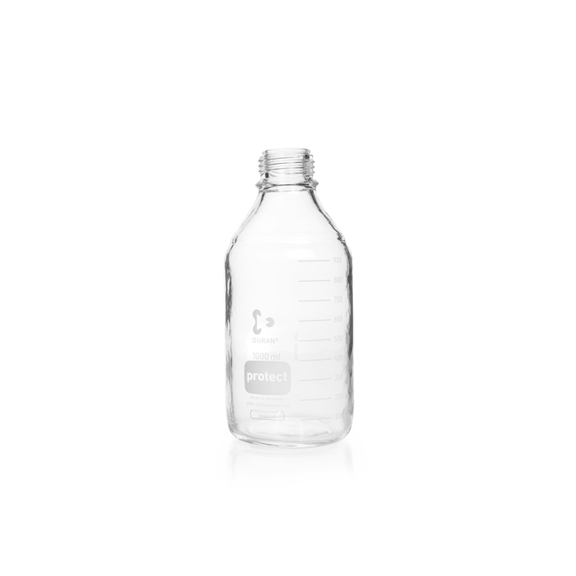 DURAN&trade; Protect Clear Borosilicate Glass Laboratory Bottles with Plastic Safety Coating, DIN Thread, Graduations, Bottle Only
