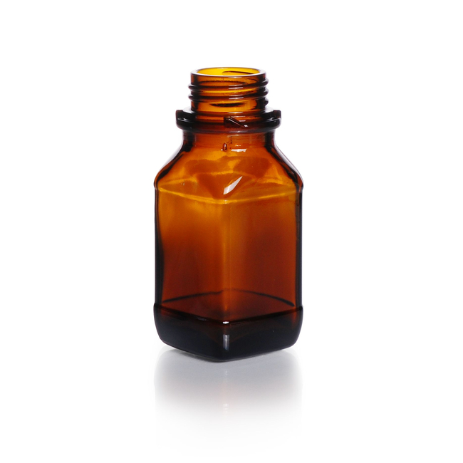 Screw-Top Bottle, Square, Amber, Soda-Lime Glass, Wide mouth, Short form DIN thread