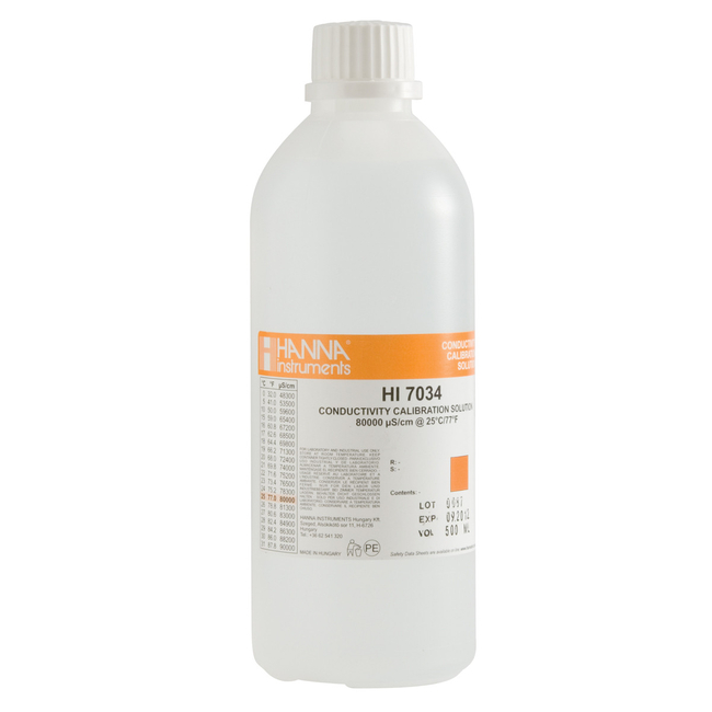 Conductivity solution HI-7034 c/w certificate of analysis 80,000&mu;S/cm (&mu;mho/cm) 460mL Hanna