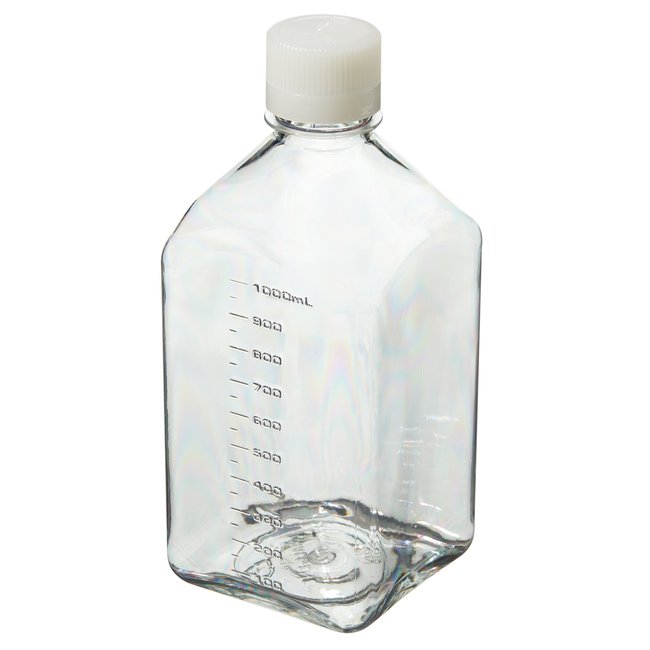 Nalgene&trade; Square PETG Media Bottles with Closure: Sterile, Shrink-Wrapped Trays