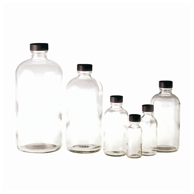 Clear Boston Round Bottles with Black Phenolic PolyCone Cap