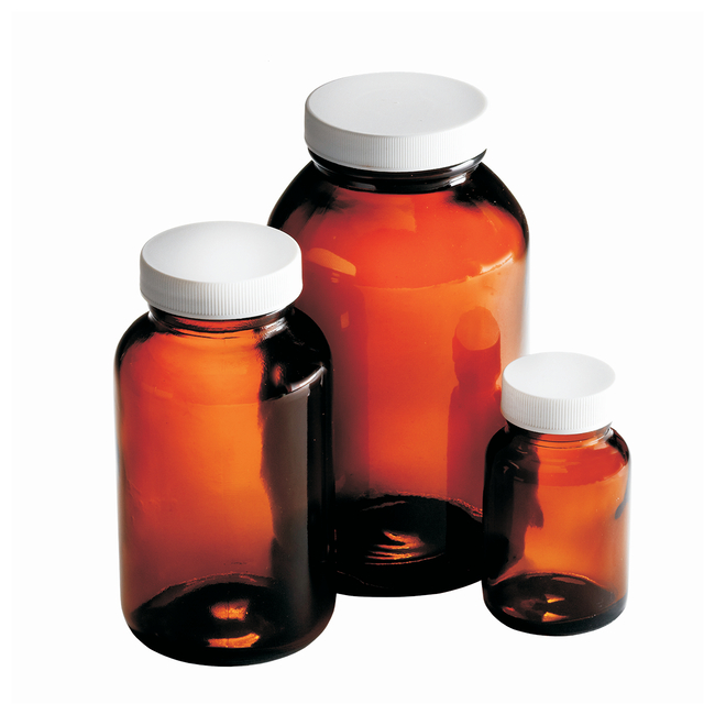 Amber Wide Mouth Packer Bottles with White Polypropylene PE Foam/PTFE Cap