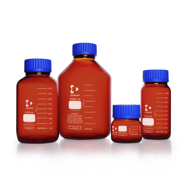 DURAN&trade; GLS 80&trade; Laboratory Bottle with Screw Cap and Pouring Ring, Wide Mouth, Amber, GLS 80&trade; Thread